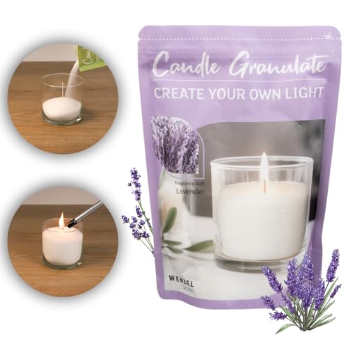 Kerzensand Kerzengranulat/Wachsgranulat im Beutel inkl. 4 Dochte - 400 g - mit Duft oder ohne Duft - universal einsetzbar - Gläser recyceln (Lavender) von DecoLite