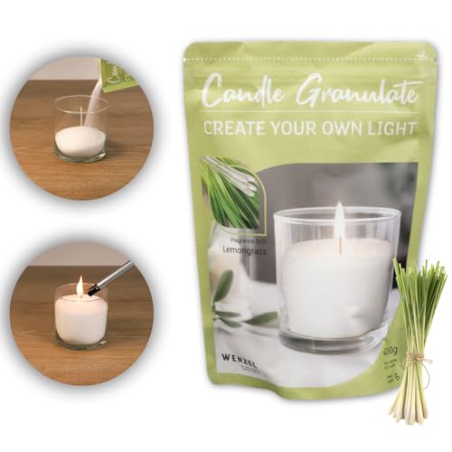 Kerzensand Kerzengranulat/Wachsgranulat im Beutel inkl. 4 Dochte - 400 g - mit Duft oder ohne Duft - universal einsetzbar - Gläser recyceln (Lemongrass) von DecoLite
