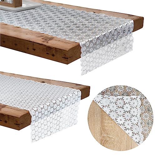 DecoMeister Tischläufer Tischdecke Tischabdeckung Wachstuch Tischbelag Tischtuch abwaschbar Tischfolie Tischplattenschutz Vinyl Spitze Esszimmer Küche Wohnzimmer 50 x 120 cm Weiß Silber Blumenspitze von DecoMeister