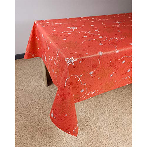 DecoMeister Weihnachtstischdecke Weihnachtsdeko Tischdecke Weihnachten Tafeltuch wasserabweisend Wachstuch abwaschbar Tisch Weihnachtswachstuch lebensmittelecht 140x300 cm Rot Schneeflocken von DecoMeister