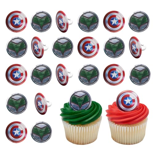 Marvel Studios Captain America: Brave New World Cupcake-Ringe, 24 Captain America & Falcon Cupcake-Dekorationen, lebensmittelechte Kuchendekoration, Partygeschenke, 24 Stück von DecoPac