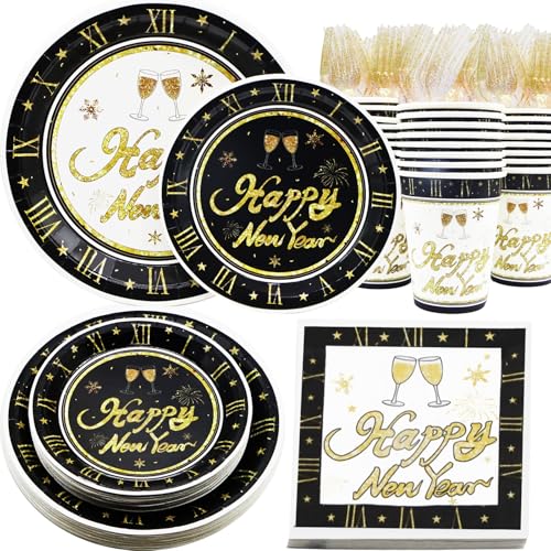 Decodinli New Year Party Supplies Serves 25, New Year Party Decorations Dinnerware Set, Happy New Year Plates and Napkins Set, New Year Disposable Plates, Cups, Napkins Party Tableware Set von Decodinli