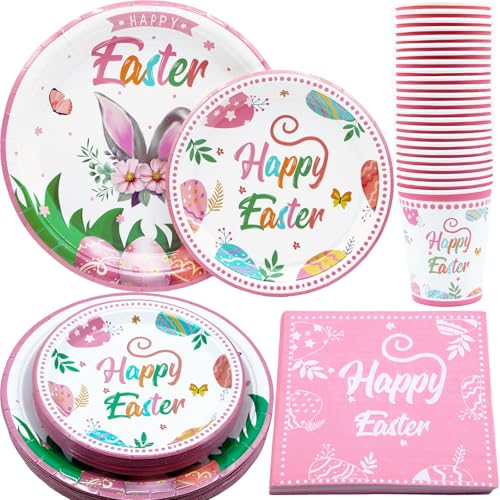 Decodinli Oster-Partyzubehör, Oster-Pappteller, Servietten und Becher für Partydekorationen, Oster-Papiergeschirr-Set, Hasen-Partygeschirr-Set, serviert 25 Gäste von Decodinli