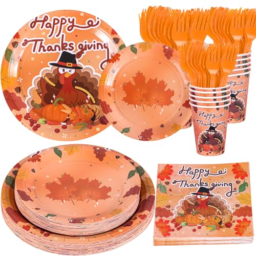 Decodinli Thanksgiving Party Supplies Serves 25, Thanksgiving Herbst Themed Party Dekorationen, Thanksgiving Pappteller und Servietten, Becher, Herbst Ernte Dekorationen, Thanksgiving Party von Decodinli