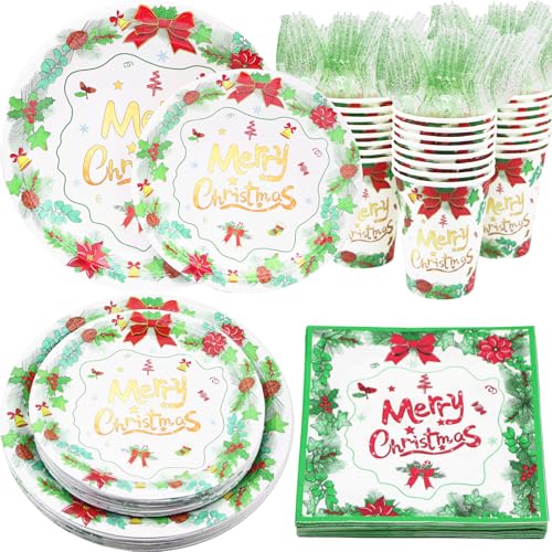 Decodinli Weihnachtsfeierbedarf Serves 25, Weihnachtskranz Party Dekorationen, Weihnachten Pappteller und Servietten Sets, Weihnachten Einwegteller, Becher, Servietten, Gabeln Geschirr Set von Decodinli