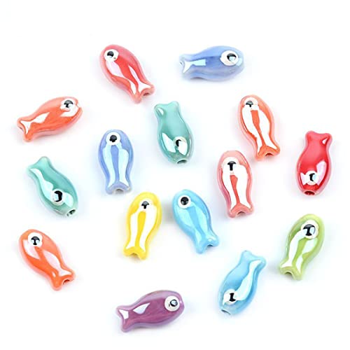 Decoendiy Keramik-Porzellan-Perlen, bunte Fisch-Perlen, Ozean-Tier-Perlen, lose Fisch-Abstandshalter-Perlen, für DIY-Armbänder, Halsketten, Bastelbedarf, 50 Stück von Decoendiy