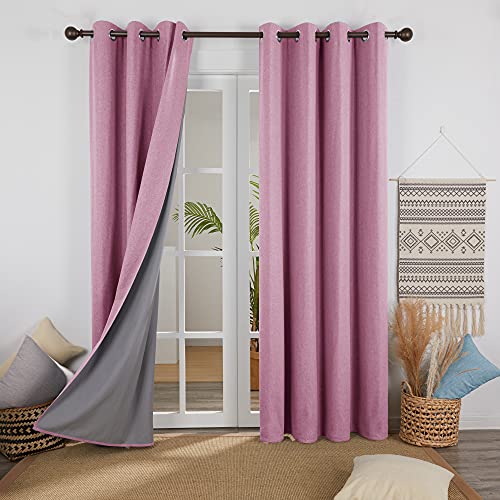 Deconovo 100% Blickdichte Vorhänge Verdunkelungsgardinen Leinenimitation Total Verdunkelung Thermovorhang Wohnzimmer Ösenvorhang 183x117 cm Pink 2er Set von Deconovo