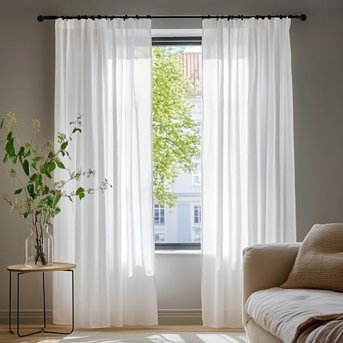 Deconovo Durchsichtige Voile Vorhänge mit Kräuselband, Halbtransparent Leinenoptik Dekoschal für Wohnzimmer, 200x140cm (HöhexBreite), Weiß, 2er Set von Deconovo