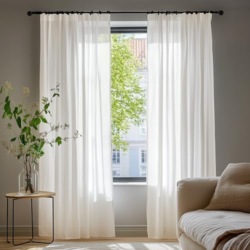 Deconovo Durchsichtige Voile Vorhänge mit Kräuselband, Halbtransparente Dekoschal Leinenoptik Voile Gardinen Wohnzimmer, 175x140cm (HöhexBreite), Leinen, 2er Set von Deconovo