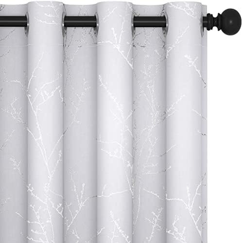 Deconovo Gardinen Abdunkelnd Vorhänge mit Ösen Vorhang Blickdicht Thermovorhang für Schlafzimmer Verdunklungsvorhänge Kinderzimmer Baumzweig-Muster, 180x140 cm(HöhexBreite), Silber Grau, 2er Set von Deconovo