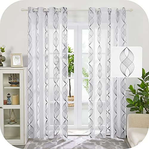 Deconovo Gardinen Kinderzimmer Mädchen Stores Ösenvorhang Transparent Vorhänge Wohnzimmer Vorhang Stickerei Blatt, 260x140 cm(HöhexBreite), Grau, 2er Set von Deconovo