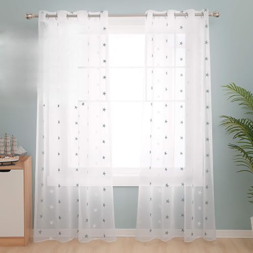 Deconovo Stores Gardinen Vorhang Transparent Ösen Vorhänge Kinderzimmer Dekosachals Leinenoptik Stern, 290x140 cm(HöhexBreite), Blaugrün, 2er Set von Deconovo