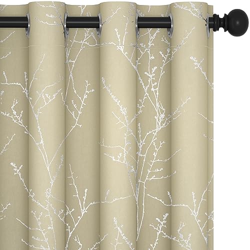 Deconovo Verdunkelungsvorhang mit Ösen Gardinen Kinderzimmer Vorhänge Blickdicht Ösenvorhang Verdunkelung Schlafzimmer Vorhänge mit Baumzweig-Muster, 214x132 cm(HöhexBreite), Beige, 2er Set von Deconovo