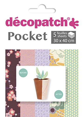 Decopatch Décopatch DP025C - Packung Déco Pocket mit 5 Blatt 30x40 cm in 5 verschiedenen Designs, praktisch und einfach zum Verwenden, ideal für Ihre Pappmachés und Bastelprojekte, 1 Pack von Decopatch