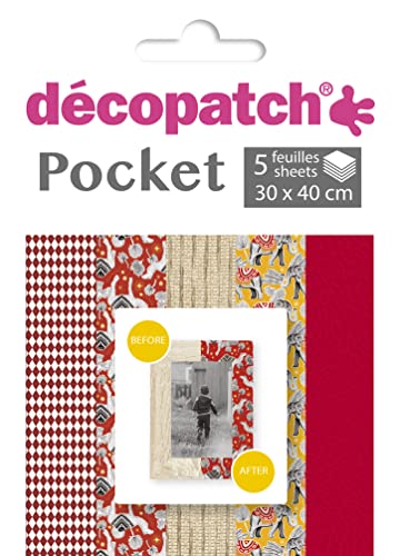 Decopatch Décopatch DP027C - Packung Déco Pocket mit 5 Blatt 30x40 cm in 5 verschiedenen Designs, praktisch und einfach zum Verwenden, ideal für Ihre Pappmachés und Bastelprojekte, 1 Pack von Decopatch