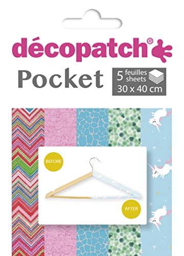 Decopatch Décopatch DP030C - Packung Déco Pocket mit 5 Blatt 30x40 cm in 5 verschiedenen Designs, praktisch und einfach zum Verwenden, ideal für Ihre Pappmachés und Bastelprojekte, 1 Pack von Decopatch