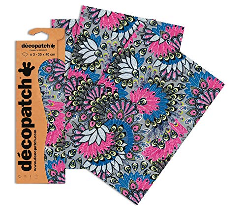 Decopatch Papier No. 538 (silber pink Pfauenfeder, 395 x 298 mm) 3er Pack von Decopatch