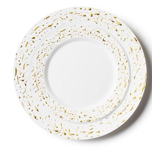 Decor Decorline - Premium Mehrweg Kunststoff Partygeschirr set - 32 Teile - Pebbled Combo - Weiss/Gold - Stabil, Wiederverwendbares Teller Set -2 Größen (16x26cm, 16x19cm) von Decor Decorline