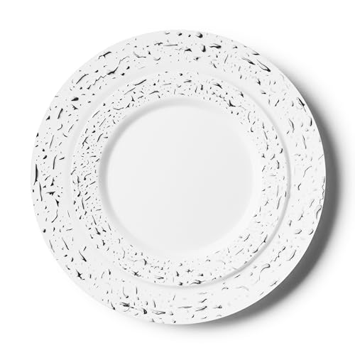 Decor Decorline - Premium Mehrweg Kunststoff Partygeschirr set - 32 Teile - Pebbled Combo - Weiss/Silber - Stabil, Wiederverwendbares Teller Set -2 Größen (16x26cm, 16x19cm) von Decor Decorline