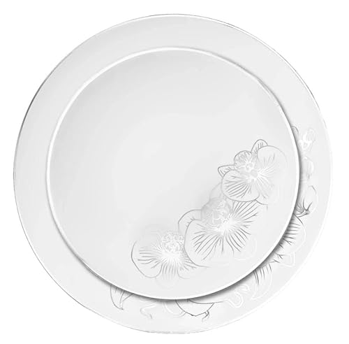 Decor Decorline Premium Mehrweg Partygeschirr set 32 Teile Orchid-Kollektion, Wiederverwendbares Teller Set 2 Größen - 16x26cm +16x 19 cm - Weiss/Silber von Decor Decorline