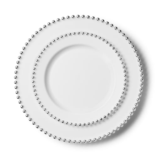 Decorline Premium Mehrweg Plastik Partygeschirr set 20 Teller Beaded-Kollektion, Wiederverwendbares Teller Weiss mit Silber Rand | Set 2 Größen - 10x 26cm + 10x 19cm je 10 Stück - Weiss/Silber Decorline Premium Mehrweg Plastik Partygeschirr set 20 Teller Beaded-Kollektion, Wiederverwendbares Teller Weiss mit Silber Rand | Set 2 Größen - 10x 26cm + 10x 19cm je 10 Stück - Weiss/Silber von Decor Decorline