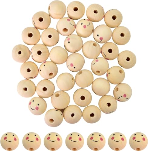 50 Stück Holzperlen mit Gesicht Engel, 20mm Natur Smile Holzperlen, Runde Perlen mit Gesicht, Lächelnde Gesicht Holzperlen mit Loch, Holzperlen Natur Set für DIY Handgefertigte (20mm x 50 Stück) von DecorDwell