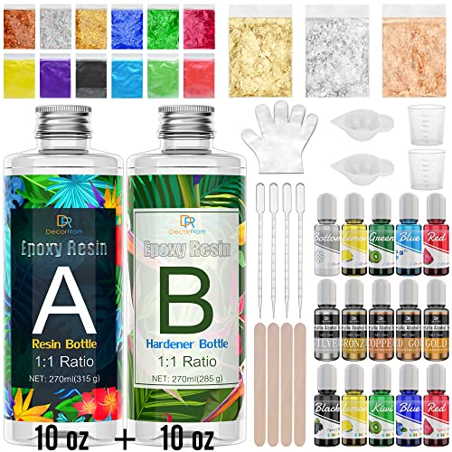 Epoxidharz Set Anfänger - 540ml Glasklar Epoxy Resin Gießharz mit Alkohol Tinte, Metallic Alcohol Ink, Harz Farbe, Mica Powder, Glitzer, Goldfolie, Gusszubehör für DIY Harz Handwerk,Schmuckherstellung von DecorRom