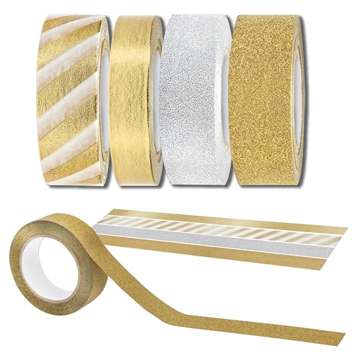 Decoraparty 4 Rollen Washi Tape Gold Silber Dekoratives Klebeband für Geschenke, Scrapbooking, Journaling, Basteln, 10 Meter Rolle (4 Stück) von Decoraparty