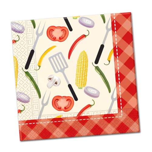 Papierservietten mit Grillparty BBQ Motiven - 100 Sommerparty Motivservietten mit bunten Grillzubehör und Gemüse Motiven von Decorata Party