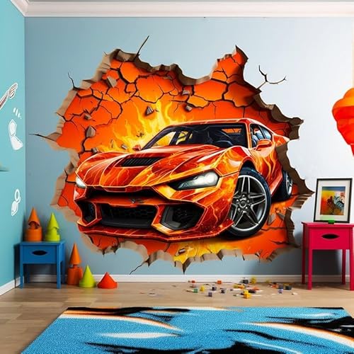 3D Feuer Auto Wandtattoo - Dynamisches Auto im Loch Kunst Aufkleber - Jungen Schlafzimmer Zerbrochene Wand Fahrzeug Mural Dekor - Sportwagen Aufkleber (120x120 cm) von Decords