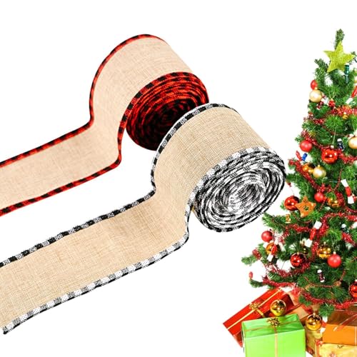 Weihnachtsband – 2 Rollen kariert, mit Drahtrand, zum Basteln, Wickeln | 6 Yards Weihnachtsbaum-Wickelband, Bauernhaus-Bastelband zum Einwickeln von Kränzen von Decorhome