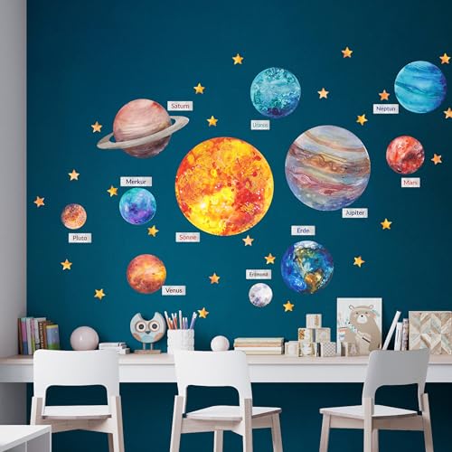 Decotia Aquarell Sonnensystem Große Wandtattoos für Kinder, Große Wandaufkleber Planeten, Kinderzimmer, Wandsticker, Wand Dekor Set Selbstklebend (L) von Decotia