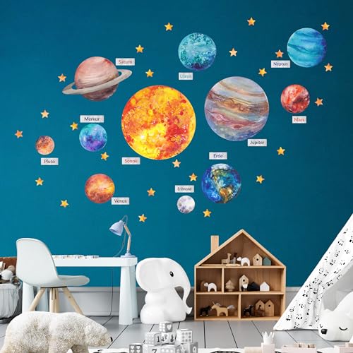 Decotia Aquarell Sonnensystem Große Wandtattoos für Kinder, Große Wandaufkleber Planeten, Kinderzimmer, Wandsticker, Wand Dekor Set Selbstklebend (XXL) von Decotia