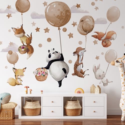 Große Wandsticker – Tiere auf beige Luftballons – Panda Hirsch Fuchs Hase Wanddekoration Mädchen Jungenzimmer Geburtstag Babyparty Geschenk (XXL) von Decotia