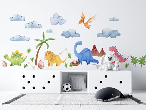 Schöne bunte Wandaufkleber Aquarell DINOSAURIER, bunter Pterodaktylus Triceratops, DINOSAURIER für Jungenzimmer, Mädchenzimmer, Kinderzimmer von Decotia