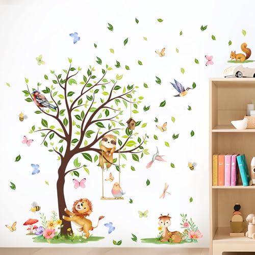 Decvictor Wandtattoo Baum Dschungel Tier Wandaufkleber Löwe Eichhörnchen Hirsch Vogel Wandsticker Kinderzimmer Babyzimmer Mädchenzimmer Wanddeko von Decvictor