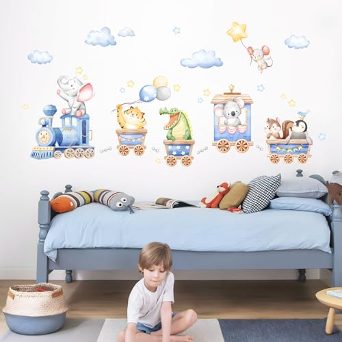 Decvictor Wandtattoo Blauer Safari-Tierzug Wandaufkleber Elefant Tiger Krokodil auf Ausflug Wandsticker Kinderzimmer Babyzimmer Jungenzimmer Mädchenzimmer Wanddeko von Decvictor