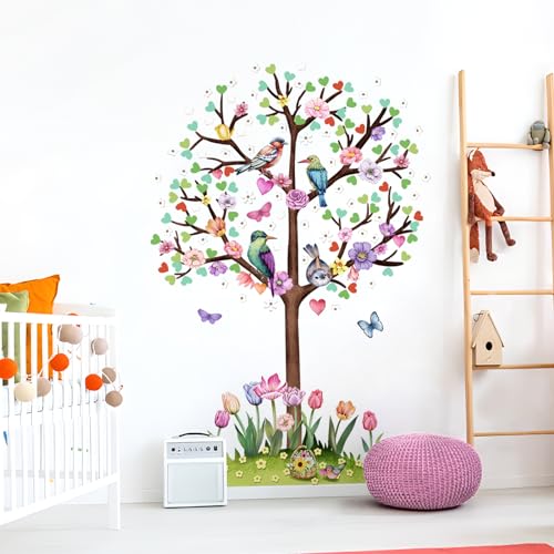 Decvictor Wandtattoo Bunt Blumenbaum Wandaufkleber Vögel Tulpen Gras Wandsticker Kinderzimmer Babyzimmer Jungenzimmer Mädchenzimmer Wanddeko (W81 * H124 cm) von Decvictor