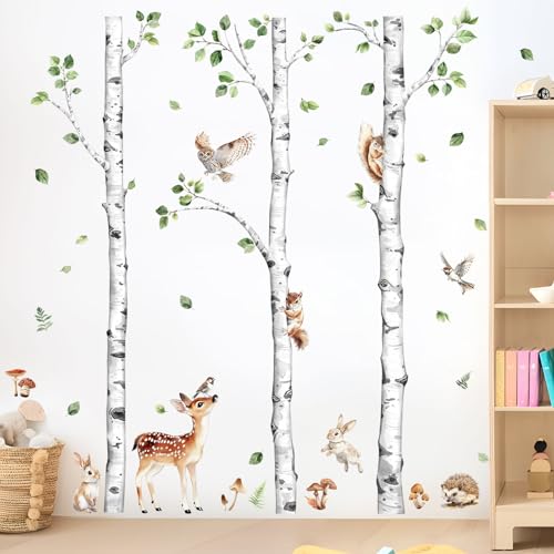 Decvictor Wandtattoo Großer Birkenbaum Waldtier Wandaufkleber Hirsch Kaninchen Eichhörnchen Eule Wandsticker Kinderzimmer Babyzimmer Jungenzimmer Mädchenzimmer Wanddeko (H: 153cm) von Decvictor