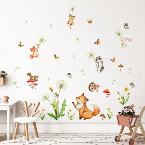 Decvictor Wandtattoo Löwenzahn Cartoon Tier Wandaufkleber Eichhörnchen Fuchs Igel Wandsticker Kinderzimmer Babyzimmer Mädchenzimmer Wanddeko von Decvictor