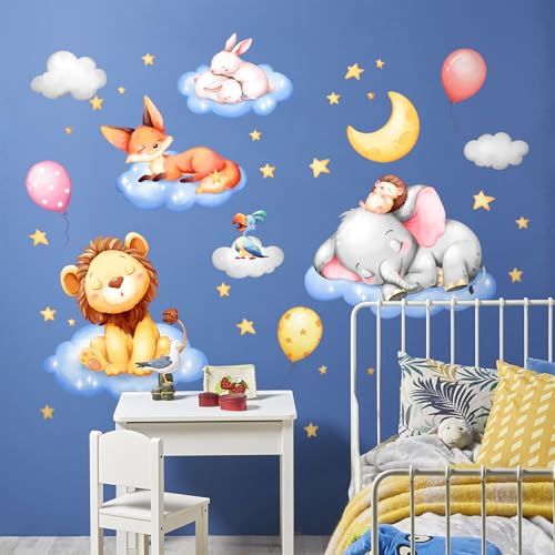 Decvictor Wandtattoo Rosa Cartoon Tier Wandaufkleber Löwe Elefant Fuchs Kaninchen schlafen auf Wolken unter Sternen Wandsticker Kinderzimmer Babyzimmer Mädchenzimmer Wanddeko von Decvictor