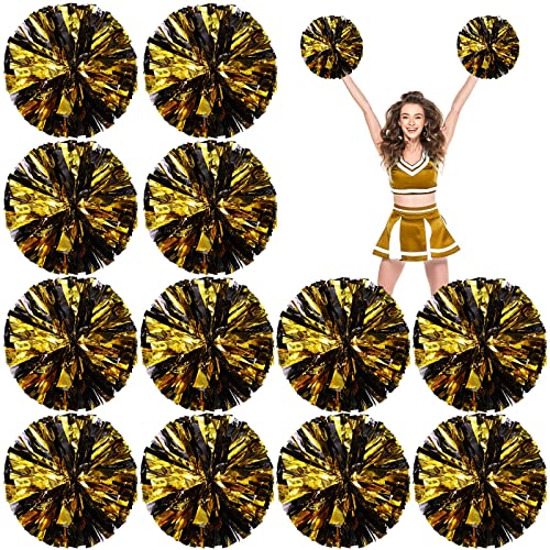 Deekin Cheerleading-Pompons, metallische Folien-Pompons mit Griff, Cheer Squad Team, lustige Pompons für Party, Sport, Tanz, Cheer, 30,5 cm, Gewicht je 50 g (Schwarz und Gold), 12 Stück von Deekin