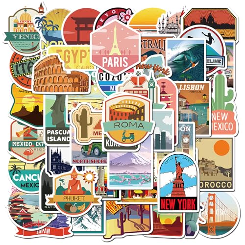 Aesthetic Sticker Set,50 Stück Reise Städte Aufkleber,Wasserfeste Vintage Aufkleber,Vinyl Graffiti Sticker für Kinder Teen Koffer Laptop Telefon Gitarre Motorrad Fahrrad Helm Skateboard Deko Sticker von Deen