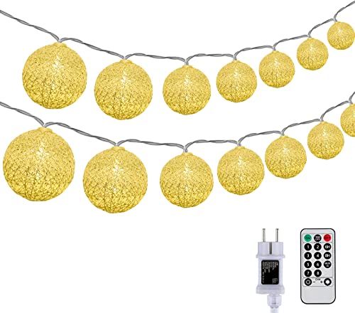 DeepDream Kugeln Lichterkette 6.6m 30 LED Cotton Ball Lichterkette Dimmbar Baumwollkugeln Lichterkette Innen Lichterkette mit Fernbedienung und Timer für Zimmer Kinderzimmer Hochzeit Party (Gold) von DeepDream
