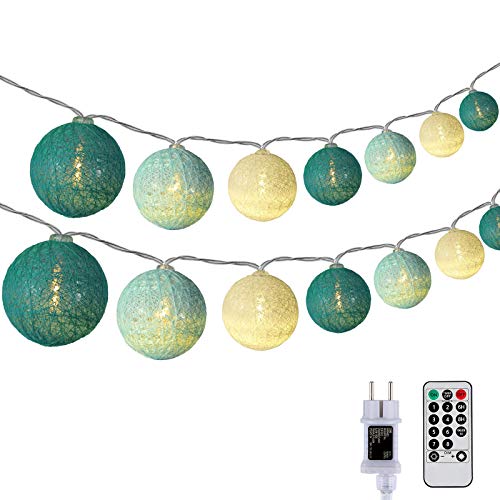 DeepDream Kugeln Lichterkette 6.6m 30 LED Cotton Ball Lichterkette Dimmbar Baumwollkugeln Lichterkette Innen Lichterkette mit Fernbedienung und Timer für Kinderzimmer Hochzeit Party (Türkis) von DeepDream