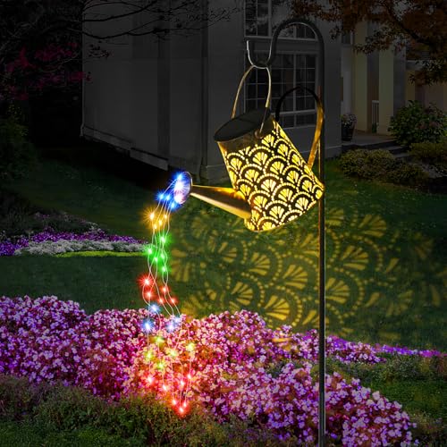 DeepDream Solar Gießkanne Lichterkette Aussen, LED Außen Solarlampen Wasserdicht Gartendeko Gießkannenlicht Lichter mit Schäferhaken, Vintage Lichterkette für Garten Hofweg Balkon Terrasse-Farbig von DeepDream