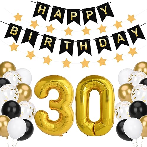 Deeplee 30 Geburtstag Deko Luftballons Set, Geburtstagsbanner, 12" Schwarz Gold Ballons mit Goldene Konfetti-Luftballons Sternornament und Schnur für die Partydekoration zum 30. Geburtstag Mann Frau von Deeplee