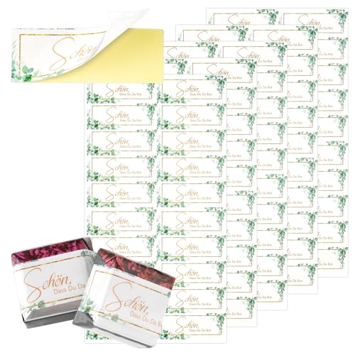 100pcs Aufkleber Schön das du da bist, Hochzeit Gastgeschenke Sticker, Eukalyptus Pralinenaufkleber Gastgeschenk Aufkleber Passend für Wedding Geburtstag Taufe Kommunion für Küsschen (5x1,8cm) von Deepton