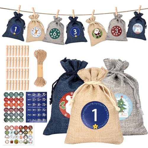 24 Adventskalender zum Befüllen Stoff, Weihnachtskalender Selber Befüllen, Stoffsäckchen Adventskalender,Adventskalender zum Befüllen， 3 Aufkleber，1 Runde 10 Meter Juteseil, 24 Holzklammern von Deepton