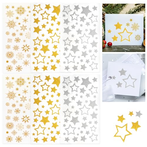 248x Sticker Stern Aufkleber Glitzer Schneeflocken Selbstklebend Weihnachtssticker Klebesterne zum Basteln für Fenster Geschenk Etiketten Etiketten - Gold Silber von Deepton